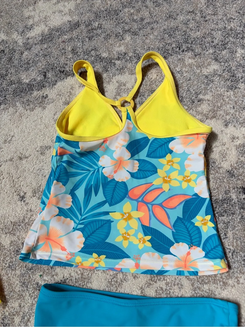 Girls' Tropical Blue Floral Tankini with Yellow Shorts